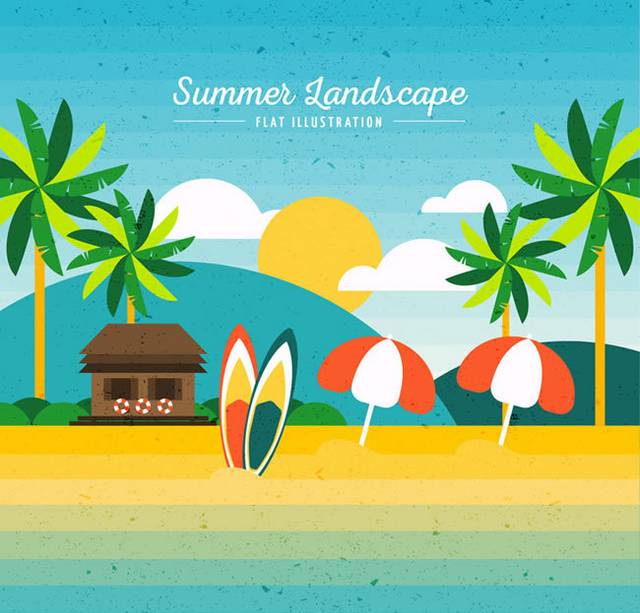 夏季度假沙滩冲浪椰子树风景矢量图