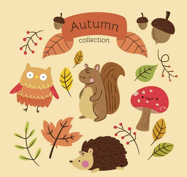 可爱秋季叶子和动物矢量图