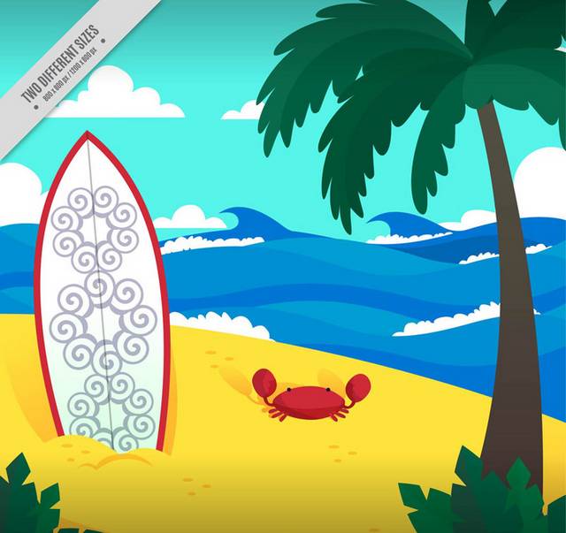 沙滩冲浪板和螃蟹插画矢量图