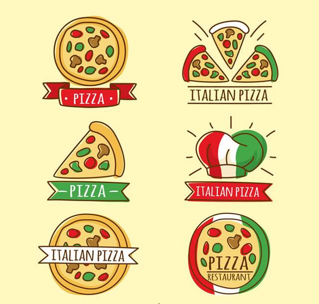 6款手绘意大利披萨标签矢量素材