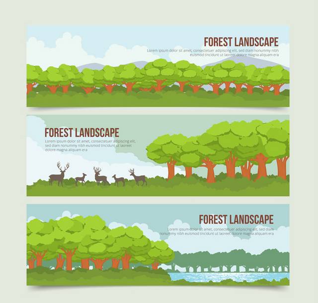 3款森林树木风景与鹿banner矢量图