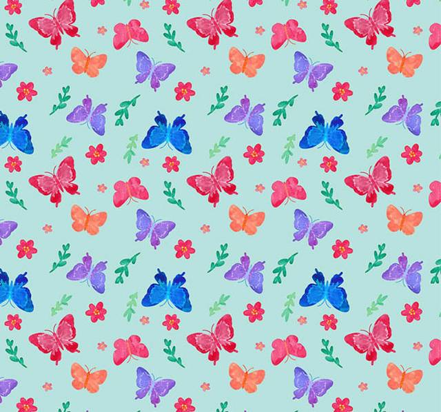 彩色蝴蝶和花朵无缝背景矢量图