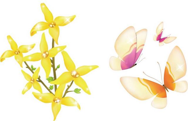 卡通迎春花和蝴蝶素材