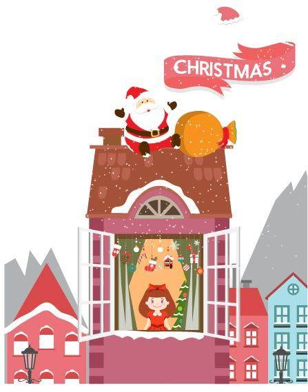 卡通圣诞建筑和圣诞老人