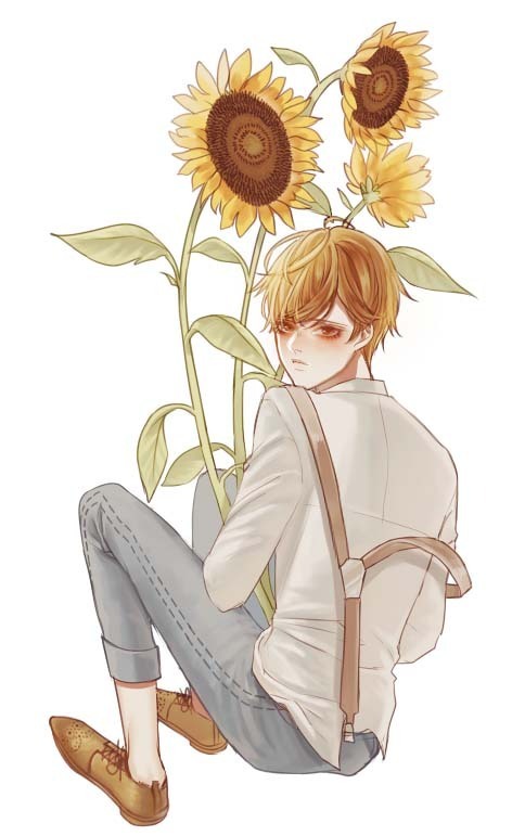 手绘男孩和向日葵