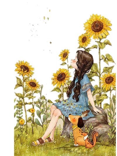 手绘女孩和向日葵