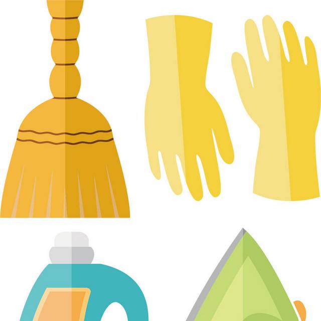 手绘清洁手套和其他劳动工具