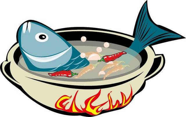 手绘煲着鱼汤的锅