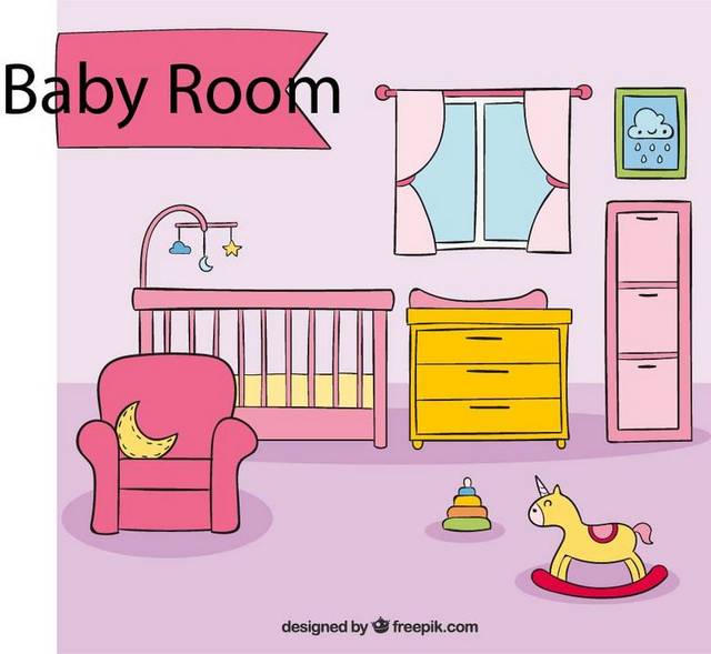 房间里的婴儿床手绘