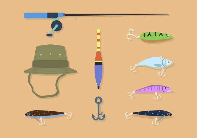 手绘素材渔具和鱼