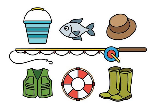 卡通渔具和鱼
