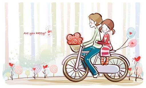 唯美手绘骑单车的情侣