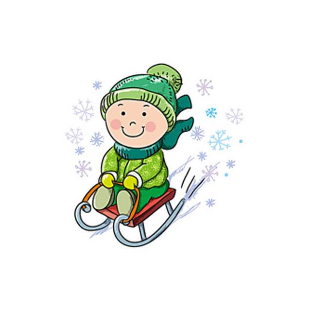 穿绿衣服坐雪橇的孩子