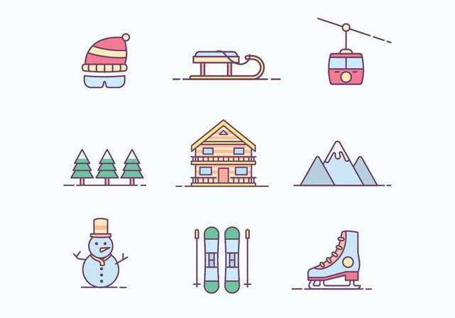 卡通雪橇和其他冬季元素
