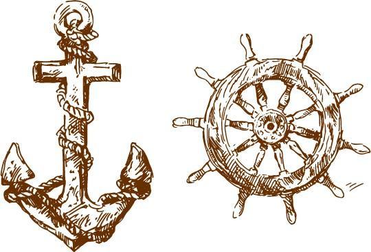 复古手绘船锚和船舵 图品汇