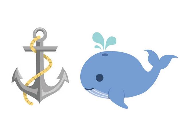 手绘船锚和鲸鱼