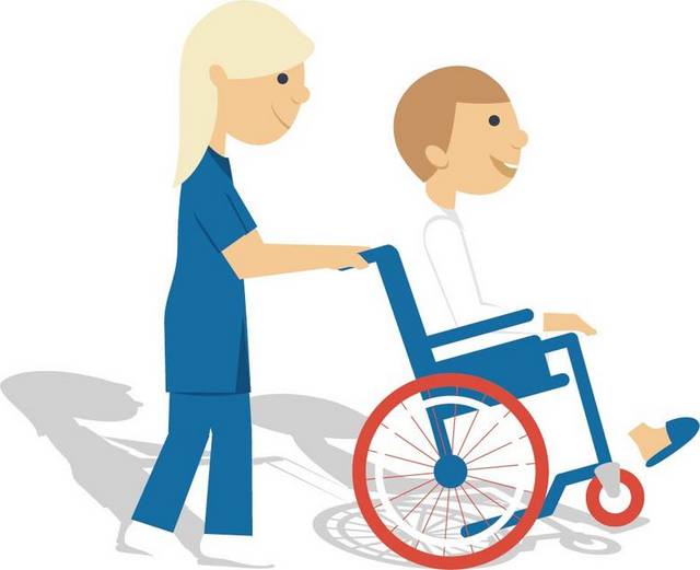手绘蓝色轮椅和病人