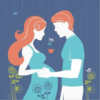 手绘蓝衣服孕妇和丈夫