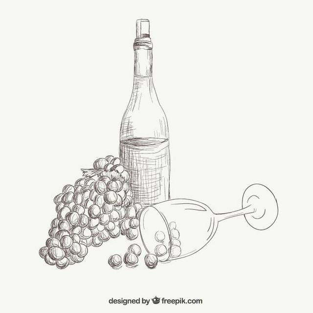 手绘葡萄酒瓶和酒杯