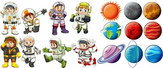卡通宇航员和各种星球