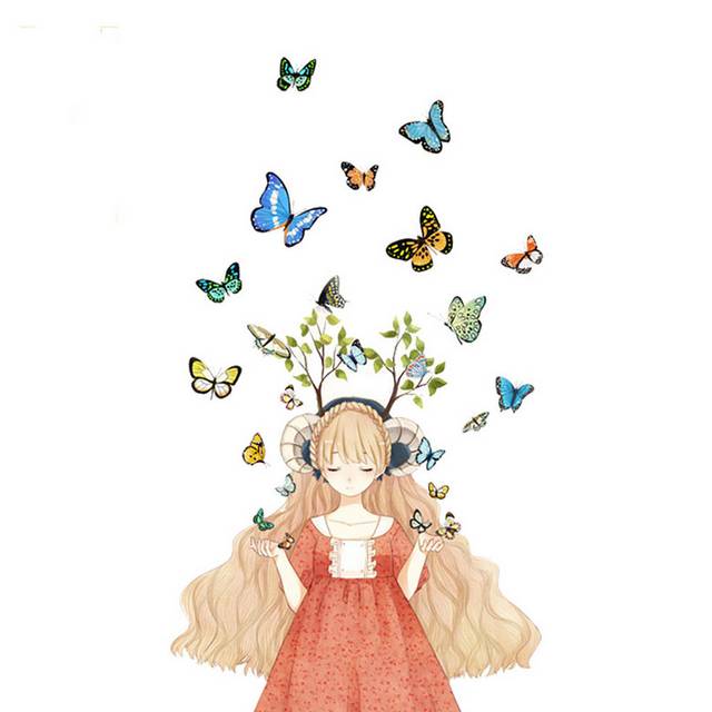 手绘小女孩和蝴蝶