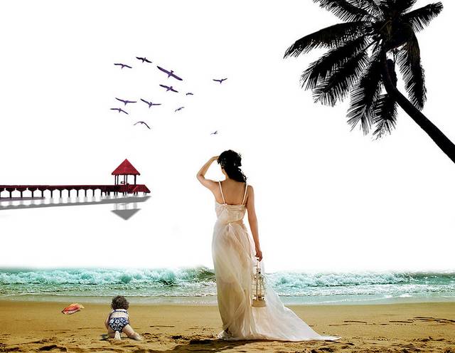 海边穿着婚纱的美女素材