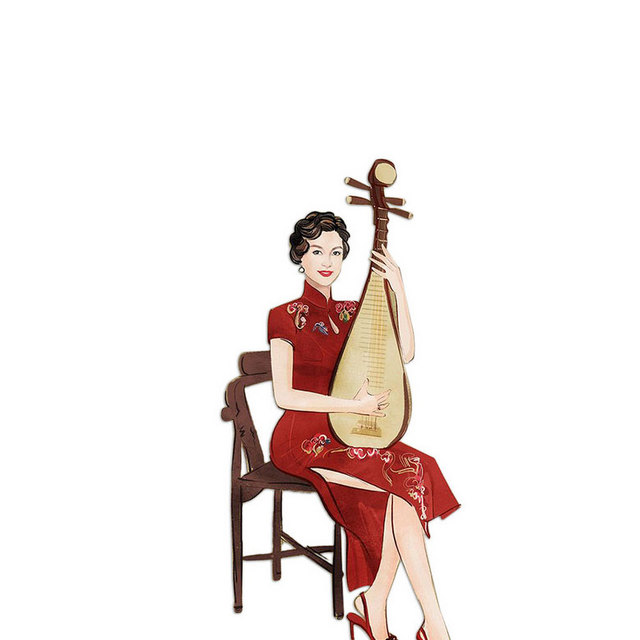 弹琵琶的旗袍美女插画
