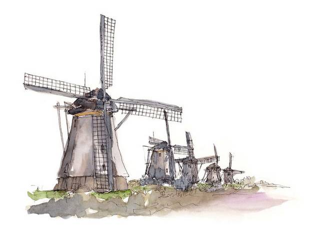 手绘荷兰风车插画素材