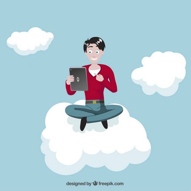 云朵上的人拿着平板电脑