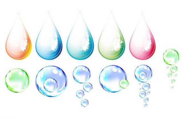 不同颜色的水滴和气泡