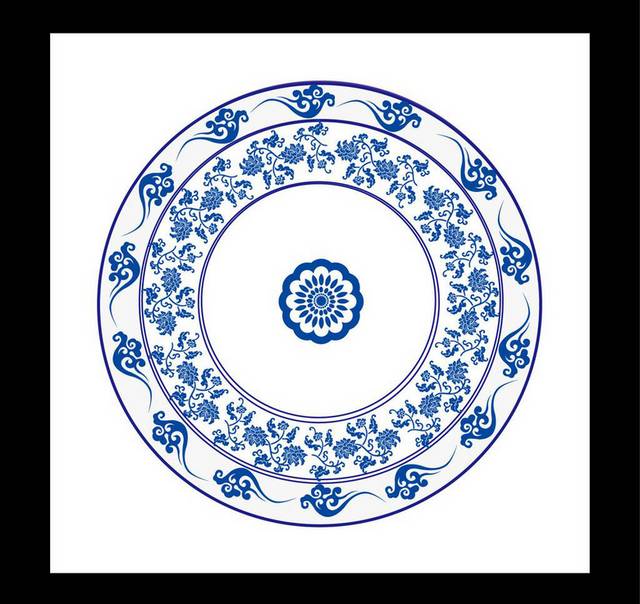 青花瓷盘子花纹水彩手绘