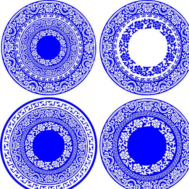 四种青花瓷餐盘花纹