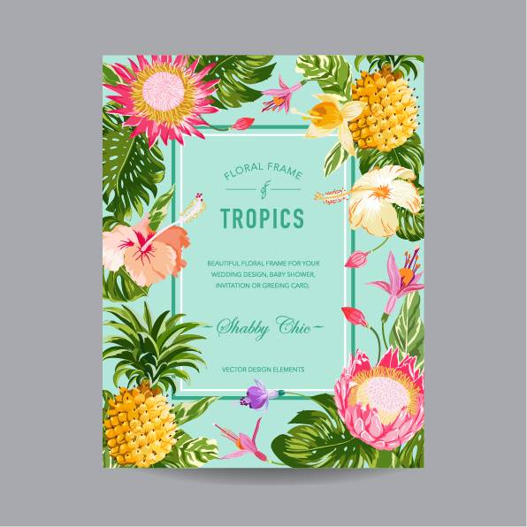 热带菠萝与花卉背景