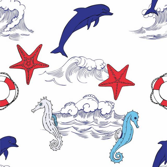 手绘水彩海星海豚海马背景
