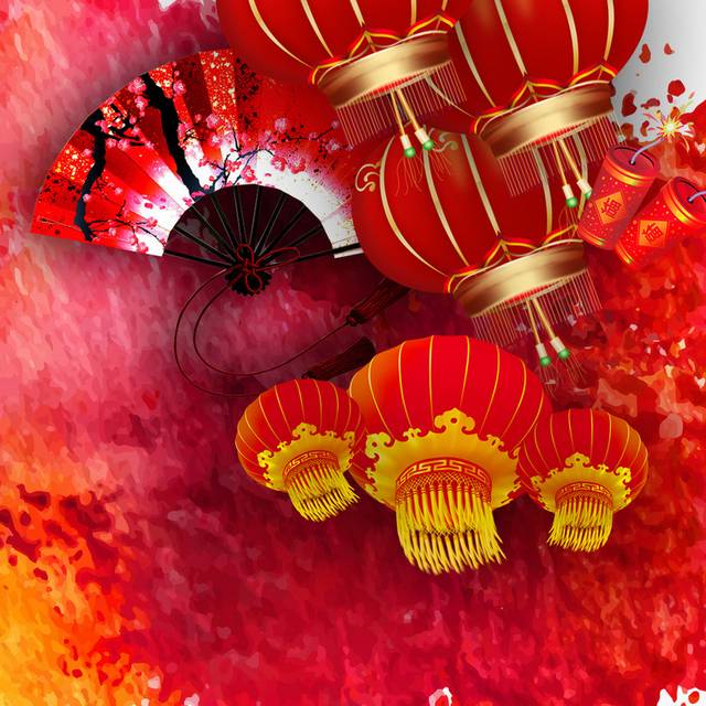 手绘泼墨扇子灯笼h5背景