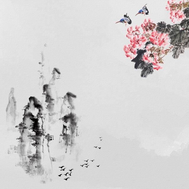 中国风水墨山峰花朵主图背景