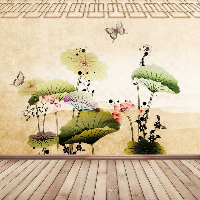 中国风荷花蝴蝶主图背景