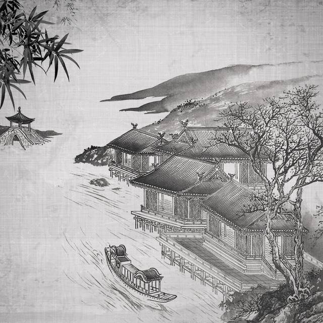 中国风木版画房屋山水主图背景