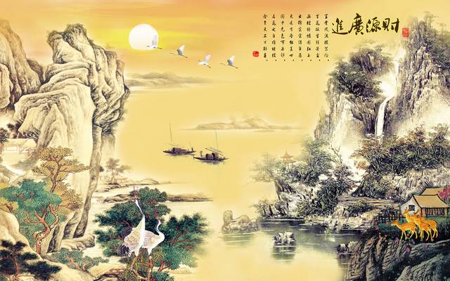 中国画山水丹顶鹤