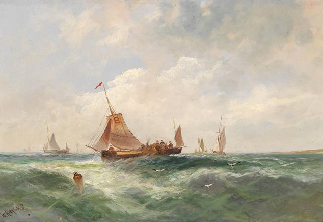 浪中的行船风景油画