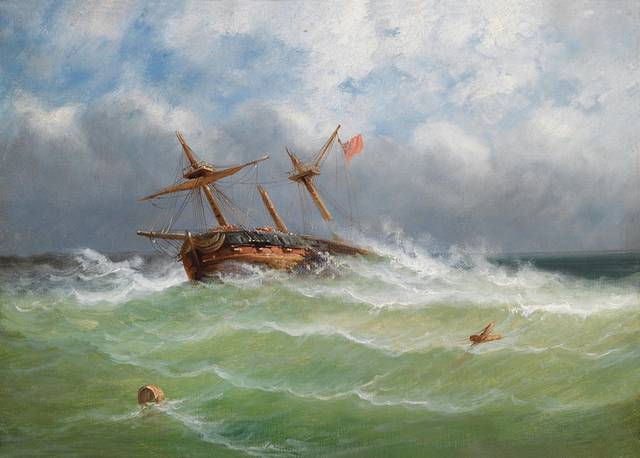 浪中摇曳的船风景油画