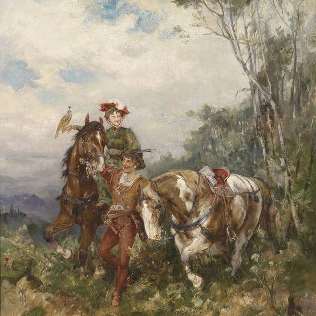 骑马的男女风景油画