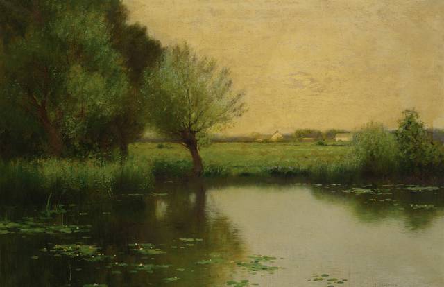 绿色的河边风景油画