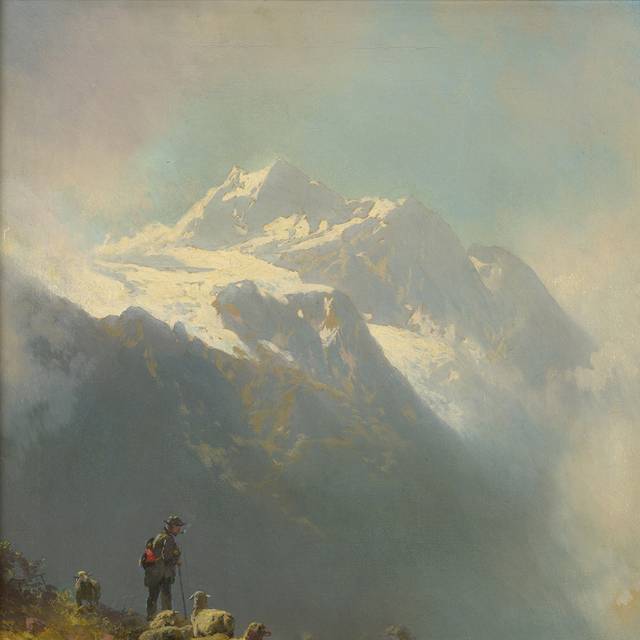 山坡上的羊群风景油画