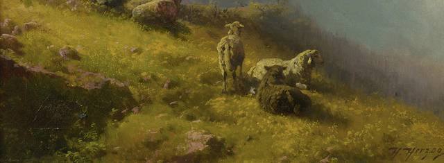 山坡上的羊群风景油画