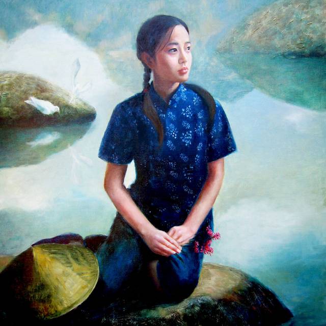 蓝布衣的女孩无框画