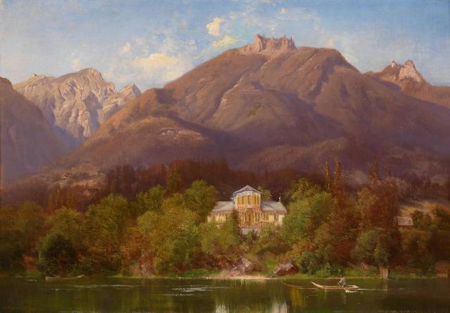 山下湖泊风景油画