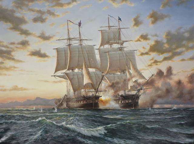 对战的帆船风景油画