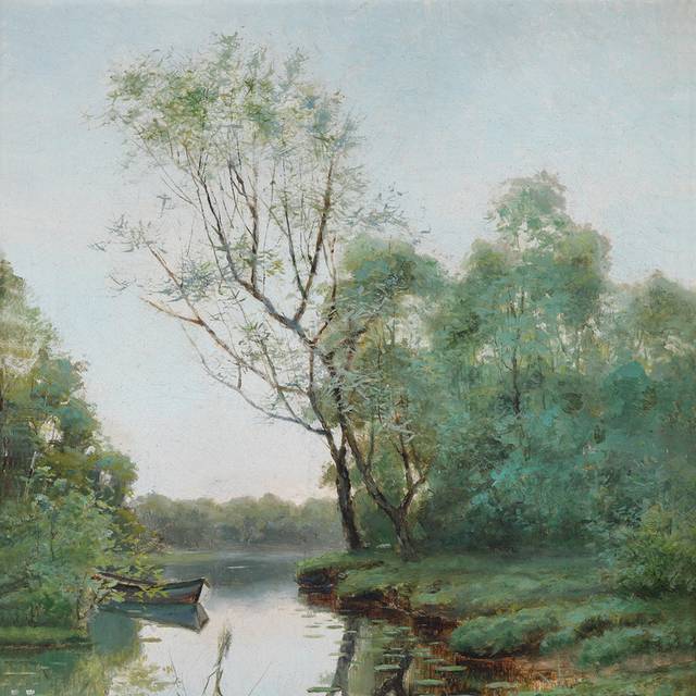 夏日小河风景油画