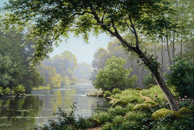 林中小河风景油画
